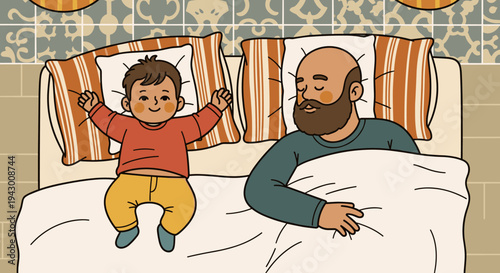 A joyful scene of a father and child lying on a bed with colorful pillows, illustrated in a modern, flat style