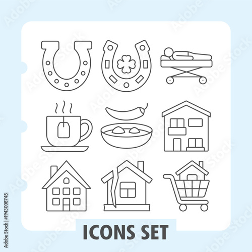 Horseshoe, tea cup, house icons, collection illustrating concepts such as luck, health, daily routines, housing and commerce. Set of nine thin line icons on white background.