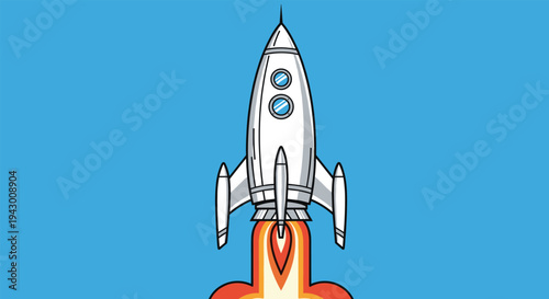 Space rocket taking off with flames and smoke on a blue background representing startup business launch or technology success and progress.