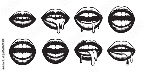 Collection of stylized lips illustrations with detailed teeth and dripping effect