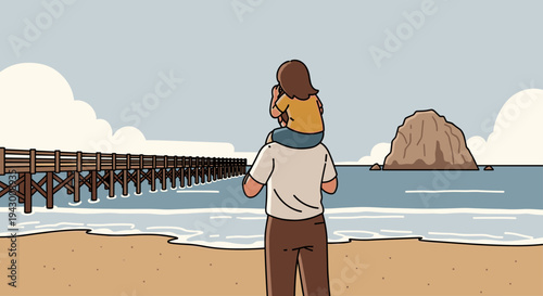 A serene beach scene featuring a person gazing at the ocean, illustrated in a minimalist style