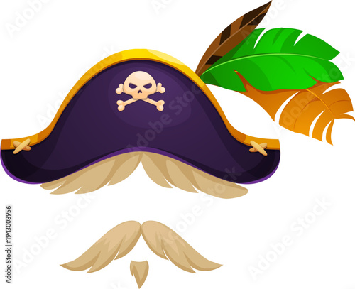 Cartoon pirate captain tricorn hat with feathers photo booth mask. Privateer bandit party mask, corsair kids photo booth vector prop. Pirate sailor costume element with hat decorated colorful feathers