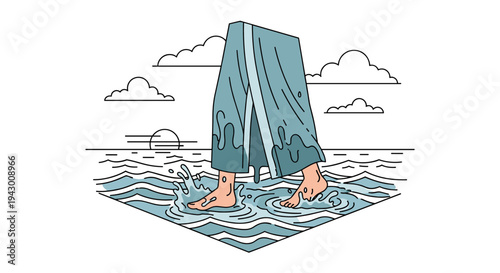 A stylized illustration of a person walking through waves, featuring a minimalist design and soft colors