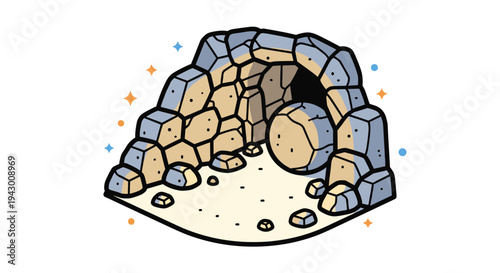 A colorful illustration of a cave entrance with rocky formations and sandy ground, in a modern, flat style