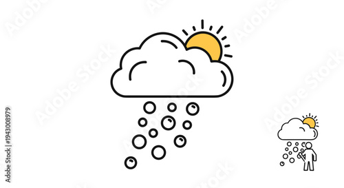 Weather icon showing a sun behind a cloud with rain or snow drops for mobile app interface forecasting and meteorology design elements.