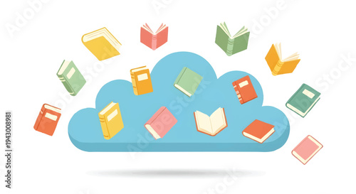 Cloud storage of books and ebooks, digital library concept