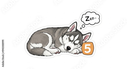 Cute husky puppy sleeping soundly with Zzz bubble.