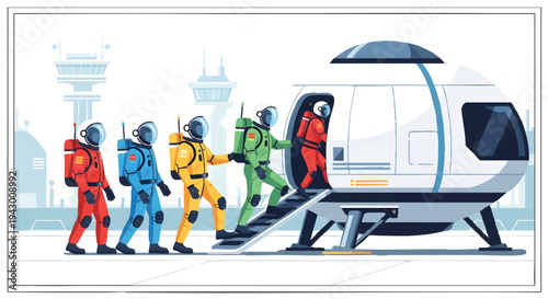 Astronauts boarding a spacecraft, space travel, futuristic transportation