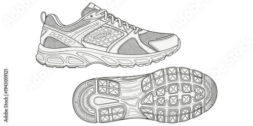 Detailed line drawing of running shoe side view and sole tread pattern, athletic footwear design, sport sneaker outline, flat vector illustration