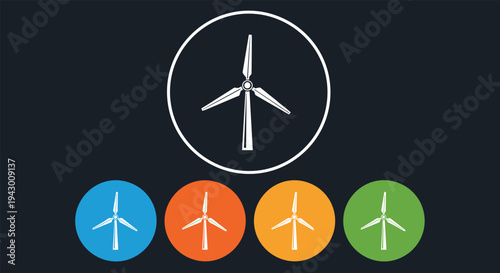 Wind turbine power generator icons in various color circles on dark background for renewable energy ecology and sustainable technology.