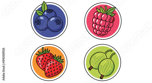 Four berry icons including blueberries raspberry strawberries and gooseberries in colorful circles for food apps and nutrition designs.