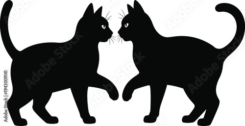 Two playful cat silhouettes facing each other black vector illustration domestic pet animals cute feline pair isolated design