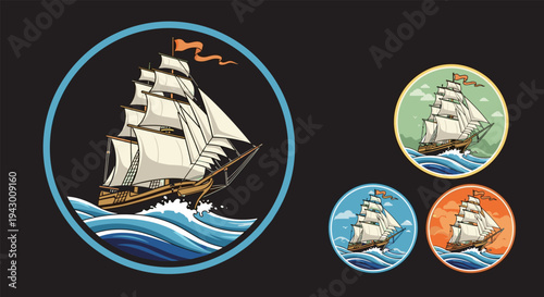Vintage sailing ship on waves in various color circles for maritime history nautical decor travel agency logos and adventure themes.