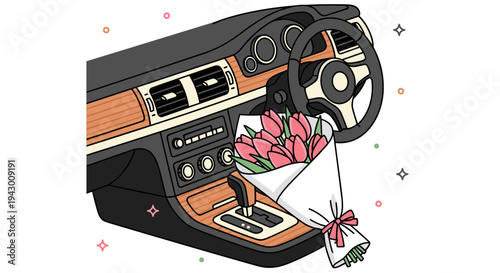 A stylized car interior featuring a bouquet of flowers on the dashboard, in a modern, colorful illustration style