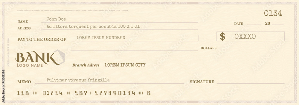 Fototapeta premium Bank check template, checkbook cheque, vector blank money chequebook with abstract pattern and fields. Currency payment coupon, or banknote background, bank note, voucher, gift certificate mockup
