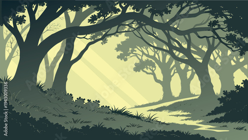Enchanted Forest Landscape with Sunbeams and Ancient Trees