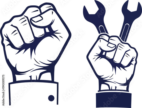 Two fists with one holding a wrench symbolizing labor and mechanics