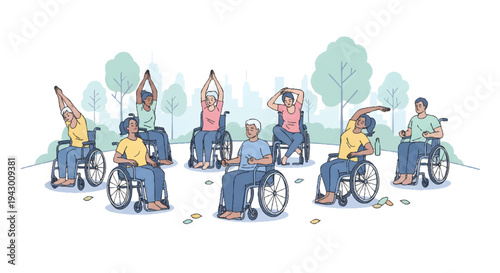 Diverse people in wheelchairs exercising outdoors in park