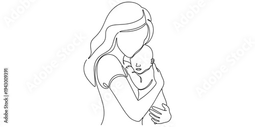 Minimalist continuous line drawing of mother holding baby, family love, parent child bonding, care protection, motherhood embrace, flat vector illustration