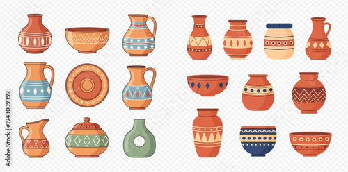 Collection of traditional clay pottery and ceramic vessels with ethnic patterns, handcrafted decorative earthenware.