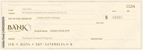 Bank check template, checkbook cheque, vector blank money chequebook with abstract pattern and fields. Currency payment coupon, or banknote background, bank note, voucher, gift certificate mockup