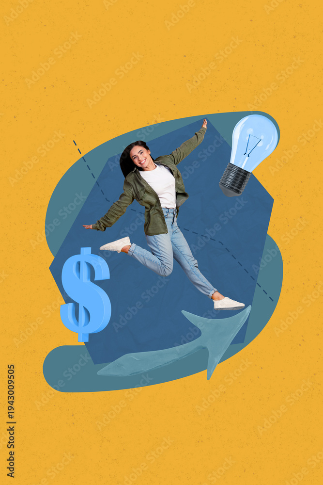 Fototapeta premium Trendy art creative zine photo collage of happy businessman businesswoman stand dollar income light bulb idea development arrow