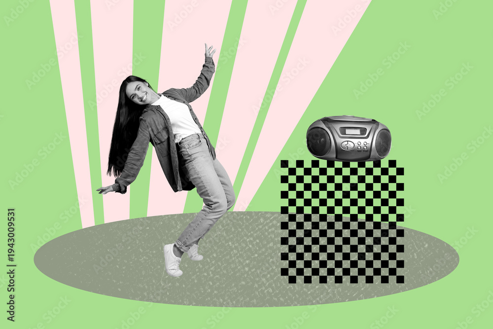 Fototapeta premium Banner artwork vertical pop photo collage of happy girl guy listen boombox music celebration event hit occasion meloman disco