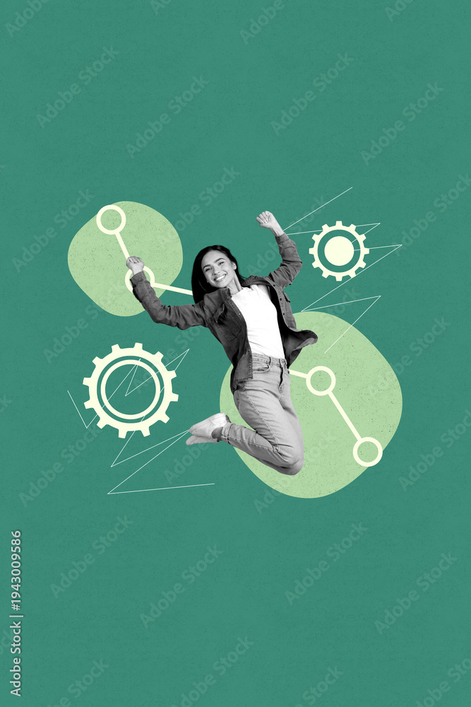 Obraz premium 3d sketch image vertical collage of happy businesswoman businessman stand graph development path gearwheel setting progress