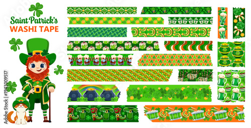 Happy St Patrick's day sticky washi tape vector set with cartoon leprechaun character, cat in hat, shamrock clover patterns, beer mug, pot of gold and rainbow. Festive adhesive Irish holiday strips