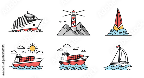 Collection of nautical icons including a luxury cruise ship, a lighthouse on a mountain, and various cargo vessels in a clean flat design.