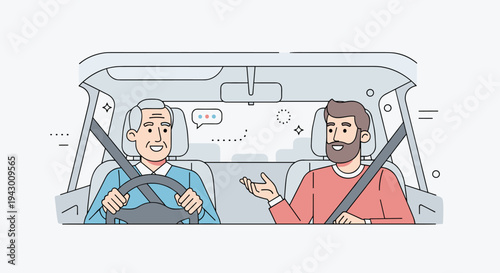 Two men engaged in a conversation inside a car, illustrated in a modern, flat style, suitable for travel themes