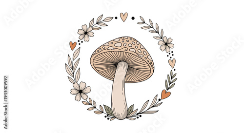 Charming botanical illustration of a large spotted mushroom centered within a circular wreath of delicate leaves, blossoms, and hearts.