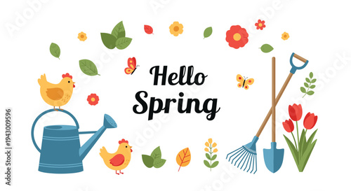 Cheerful Hello Spring greeting design featuring blue watering can, gardening tools, red tulips, cute chickens, and fluttering butterflies.