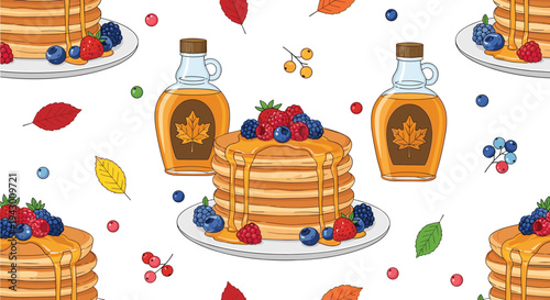 Seamless pattern of delicious pancakes with maple syrup and berries interspersed with autumn leaves and bottles of sweet maple syrup.