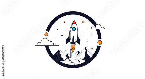 Stylized circular badge featuring a space rocket blasting off over a mountain range with stars, clouds, and celestial bodies in orbit.