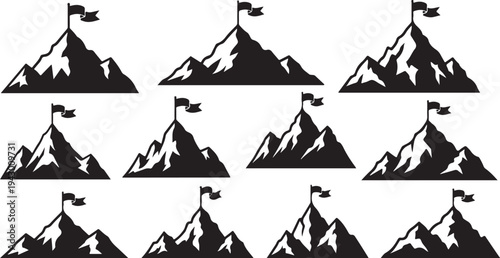 Mountain Peaks with Flags Illustration Graphic Design Element Set