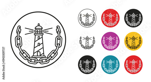 Classic lighthouse icon framed by a heavy metal chain shown in several color variations against solid circular backgrounds for icons.