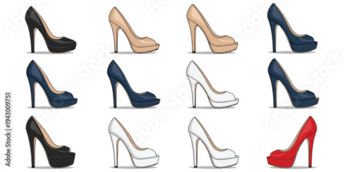 Fashion illustration of high-heeled stiletto platform shoes in multiple colors, footwear design collection, stylish fashion art, flat vector illustration