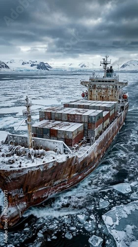 Cargo Ship Partially Submerged in Ice Water With Containers Under Gray Cloudy Sky With Glacial Mountains Background, Nautical Transport in Extreme Environment