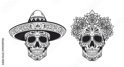 Black and white line art of two decorated sugar skulls with a sombrero and a crown of roses for the traditional Day of the Dead.
