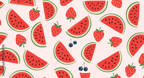 Seamless pattern of juicy watermelon slices and fresh strawberries with scattered blueberries on a soft pink background for summer.