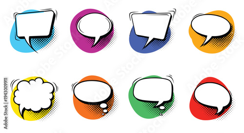 Collection of eight comic book style speech and thought bubbles in various shapes and vibrant colors with a halftone dot texture effect.