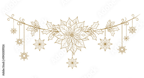 Elegant golden line art of a Christmas garland featuring a poinsettia flower, holly leaves, berries, and hanging star ornaments.
