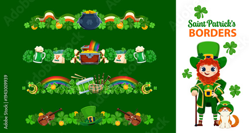 Happy St Patrick's day border separators and dividers. Cartoon vector festive set with green shamrock clover garland, Irish traditional symbols, pot of gold coin, rainbow, beer mug and calendar march