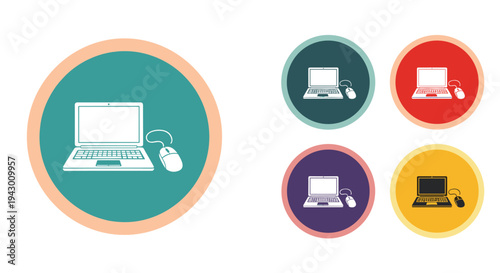 Icon of a laptop computer and mouse shown in a large teal circle with four smaller versions in different color combinations on side.
