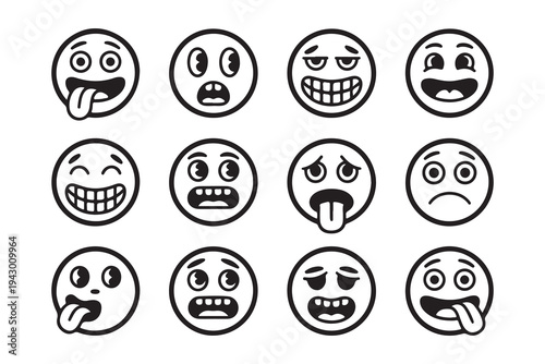 Set of black and white cartoon emoticons with various facial expressions and tongue sticking out