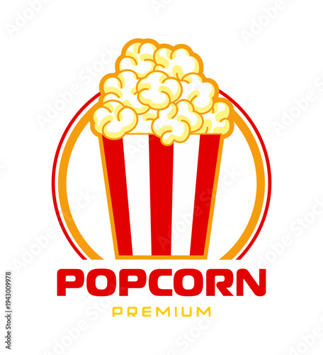 Fast food popcorn icons, pop corn label badge. Party salty snack vector symbol, cinema sweet dessert icon. Takeaway fluffy meal emblem or label with striped box or container of fluffy yellow kernels