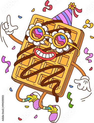 Party belgian waffle cartoon groovy adorable character. Pastry cute 80s groovy mascot, sweet dessert happy vector character. Waffle personage in birthday cap and flower glasses jumping in confetti