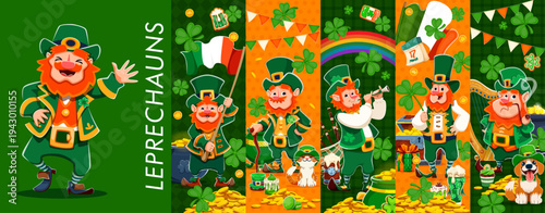 St Patrick's day leprechaun characters on festive green background. Vector collage with cartoon Irish traditional bearded dwarf with hat, costume, shamrock, flag tricolor, pot of gold coin treasure