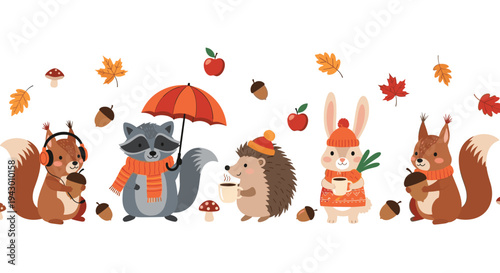 Autumn woodland animal parade featuring squirrels with acorns and headphones, a raccoon with an umbrella, and a hedgehog with coffee.